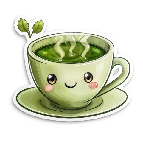 Cute Kawaii Stickers Smiling Teacup with Green Tea and Cute Steam Shapes on White Background (108)