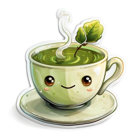 Cute Kawaii Stickers Smiling Teacup with Green Tea and Cute Steam Shapes on White Background (104)