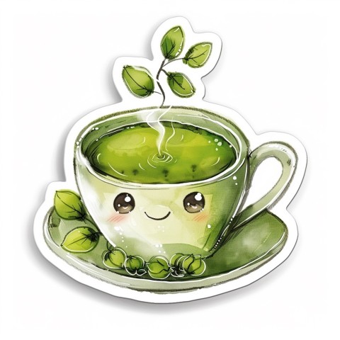 Cute Kawaii Stickers Smiling Teacup with Green Tea and Cute Steam Shapes on White Background (119)