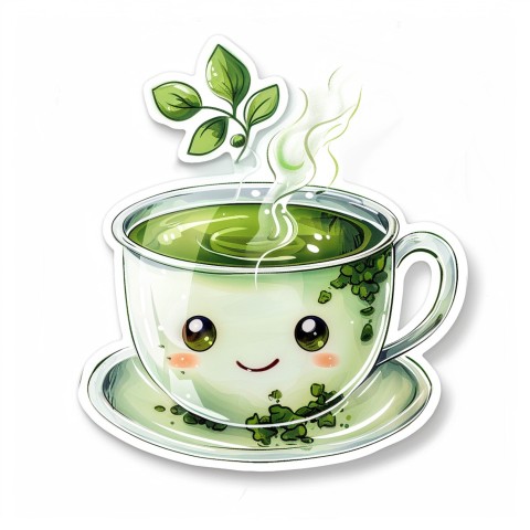 Cute Kawaii Stickers Smiling Teacup with Green Tea and Cute Steam Shapes on White Background (117)