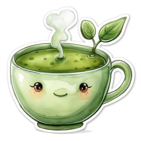 Cute Kawaii Stickers Smiling Teacup with Green Tea and Cute Steam Shapes on White Background (109)