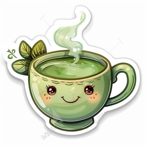 Cute Kawaii Stickers Smiling Teacup with Green Tea and Cute Steam Shapes on White Background (113)