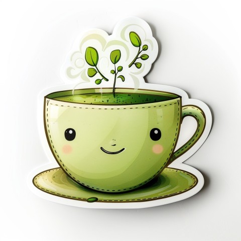 Cute Kawaii Stickers Smiling Teacup with Green Tea and Cute Steam Shapes on White Background (105)