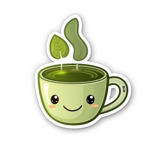 Cute Kawaii Stickers Smiling Teacup with Green Tea and Cute Steam Shapes on White Background (134)