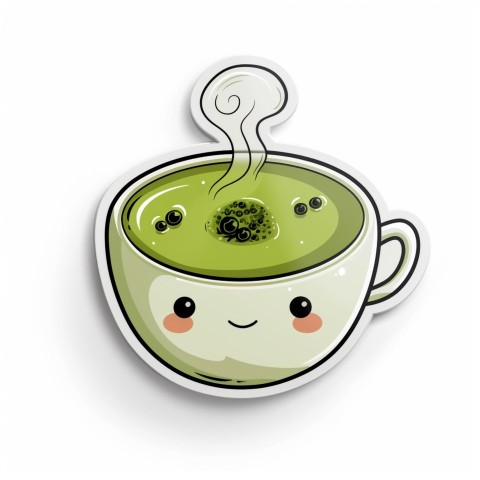 Cute Kawaii Stickers Smiling Teacup with Green Tea and Cute Steam Shapes on White Background (122)