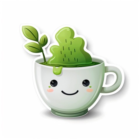 Cute Kawaii Stickers Smiling Teacup with Green Tea and Cute Steam Shapes on White Background (123)