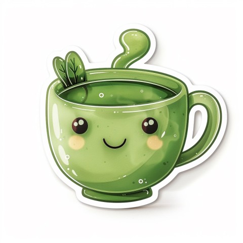 Cute Kawaii Stickers Smiling Teacup with Green Tea and Cute Steam Shapes on White Background (125)