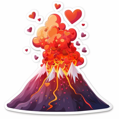 Cute Kawaii Stickers Volcano Erupting Tiny Hearts on White Background (9)