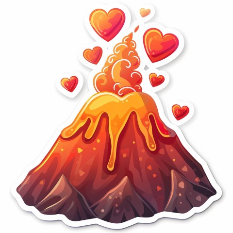 Cute Kawaii Stickers Volcano Erupting Tiny Hearts on White Background (7)