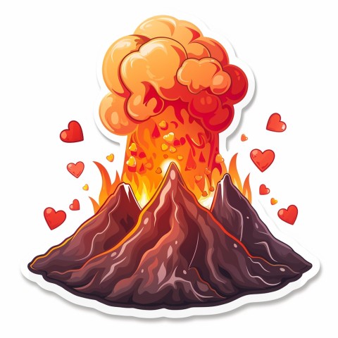 Cute Kawaii Stickers Volcano Erupting Tiny Hearts on White Background (8)