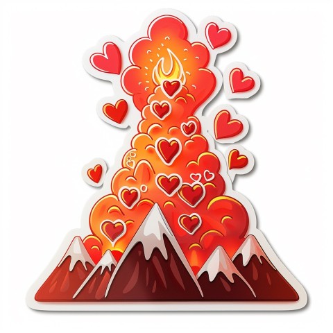 Cute Kawaii Stickers Volcano Erupting Tiny Hearts on White Background (10)