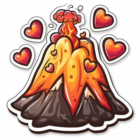 Cute Kawaii Stickers Volcano Erupting Tiny Hearts on White Background (13)