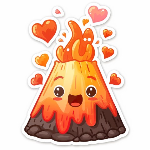 Cute Kawaii Stickers Volcano Erupting Tiny Hearts on White Background (37)