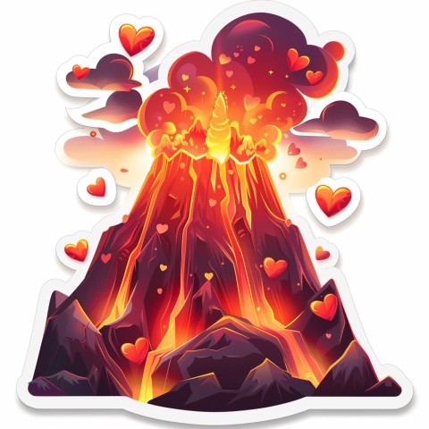 Cute Kawaii Stickers Volcano Erupting Tiny Hearts on White Background (26)