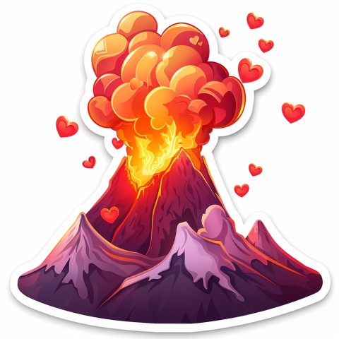 Cute Kawaii Stickers Volcano Erupting Tiny Hearts on White Background (46)