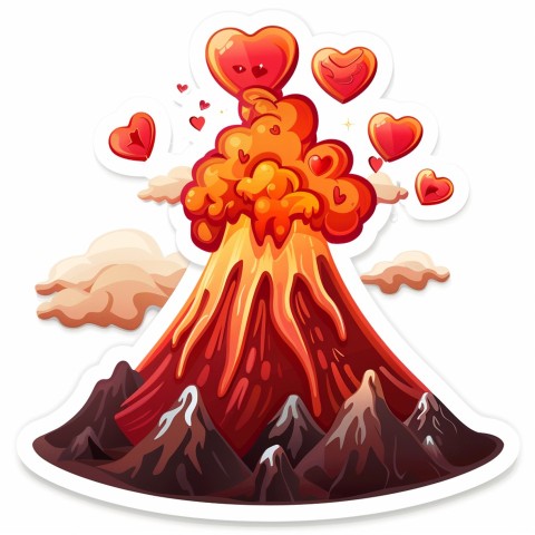 Cute Kawaii Stickers Volcano Erupting Tiny Hearts on White Background (41)