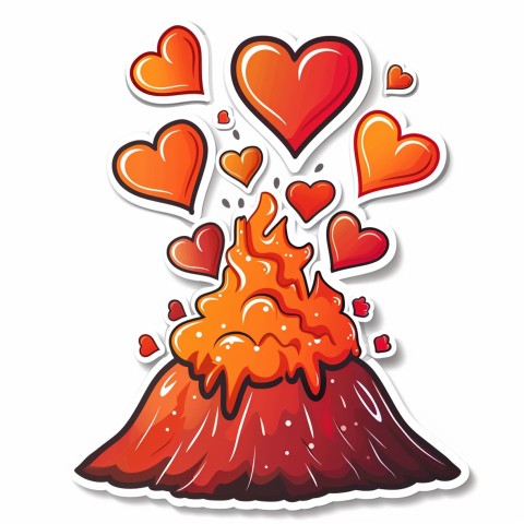 Cute Kawaii Stickers Volcano Erupting Tiny Hearts on White Background (62)