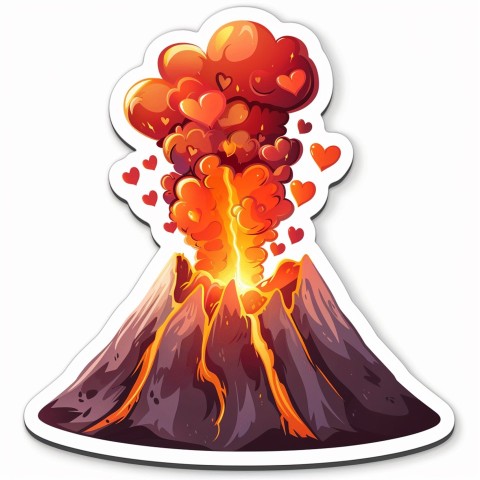 Cute Kawaii Stickers Volcano Erupting Tiny Hearts on White Background (76)