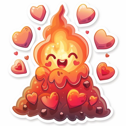 Cute Kawaii Stickers Volcano Erupting Tiny Hearts on White Background (87)