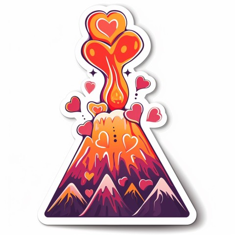 Cute Kawaii Stickers Volcano Erupting Tiny Hearts on White Background (100)