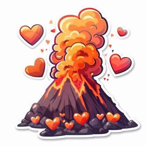 Cute Kawaii Stickers Volcano Erupting Tiny Hearts on White Background (99)