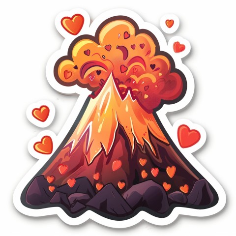 Cute Kawaii Stickers Volcano Erupting Tiny Hearts on White Background (85)