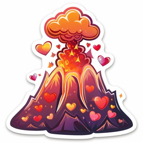 Cute Kawaii Stickers Volcano Erupting Tiny Hearts on White Background (98)