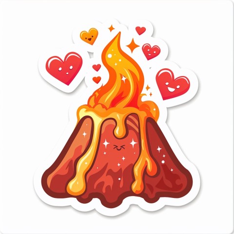 Cute Kawaii Stickers Volcano Erupting Tiny Hearts on White Background (112)