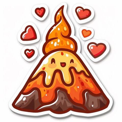 Cute Kawaii Stickers Volcano Erupting Tiny Hearts on White Background (116)