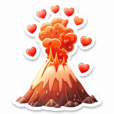 Cute Kawaii Stickers Volcano Erupting Tiny Hearts on White Background (114)