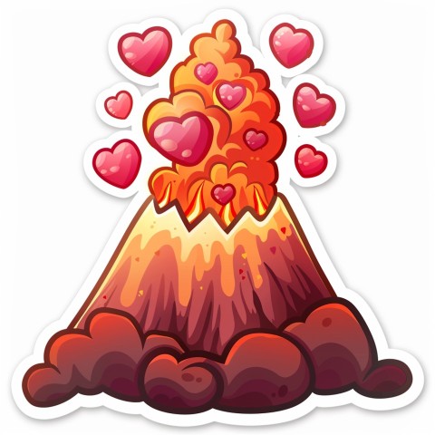 Cute Kawaii Stickers Volcano Erupting Tiny Hearts on White Background (109)