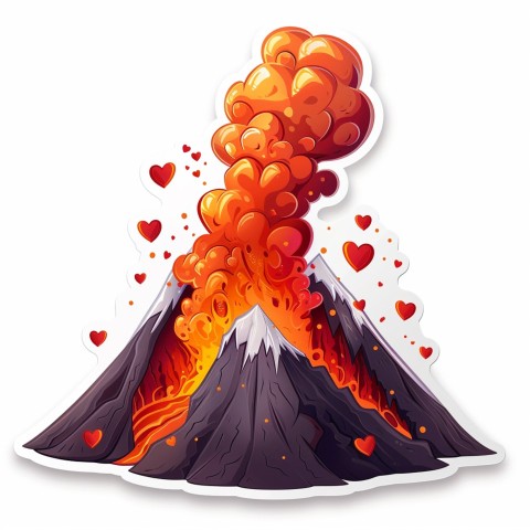 Cute Kawaii Stickers Volcano Erupting Tiny Hearts on White Background (111)