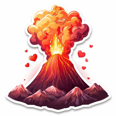 Cute Kawaii Stickers Volcano Erupting Tiny Hearts on White Background (103)