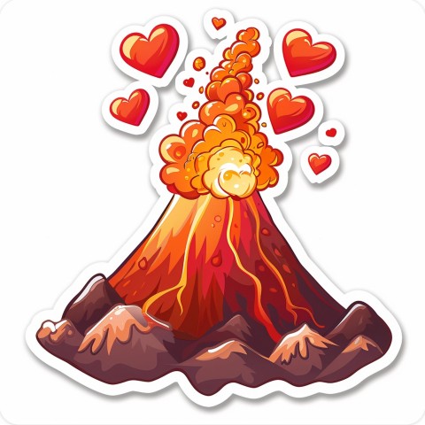 Cute Kawaii Stickers Volcano Erupting Tiny Hearts on White Background (120)