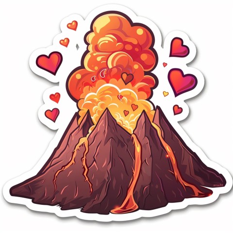 Cute Kawaii Stickers Volcano Erupting Tiny Hearts on White Background (106)