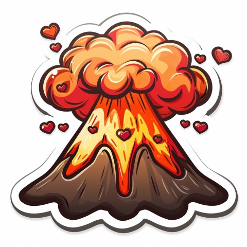 Cute Kawaii Stickers Volcano Erupting Tiny Hearts on White Background (115)