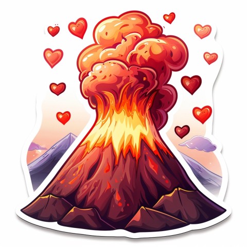 Cute Kawaii Stickers Volcano Erupting Tiny Hearts on White Background (107)