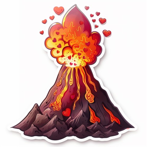 Cute Kawaii Stickers Volcano Erupting Tiny Hearts on White Background (119)