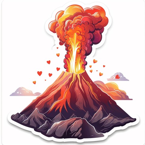 Cute Kawaii Stickers Volcano Erupting Tiny Hearts on White Background (110)