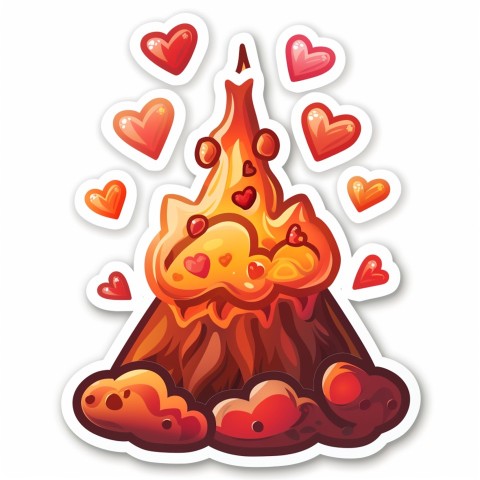 Cute Kawaii Stickers Volcano Erupting Tiny Hearts on White Background (134)