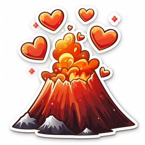 Cute Kawaii Stickers Volcano Erupting Tiny Hearts on White Background (127)