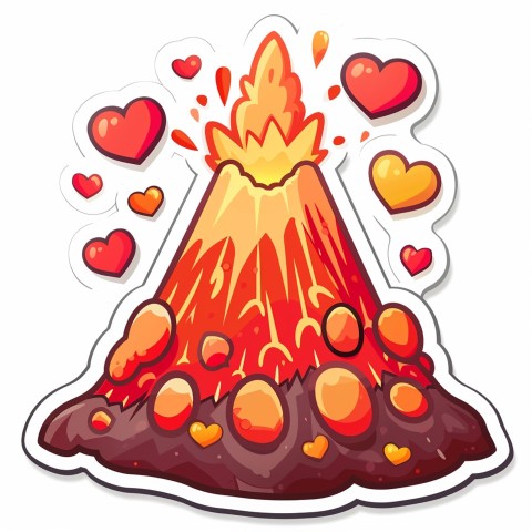 Cute Kawaii Stickers Volcano Erupting Tiny Hearts on White Background (123)