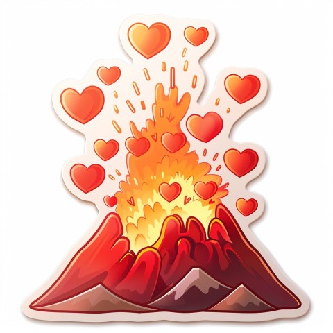 Cute Kawaii Stickers Volcano Erupting Tiny Hearts on White Background (130)