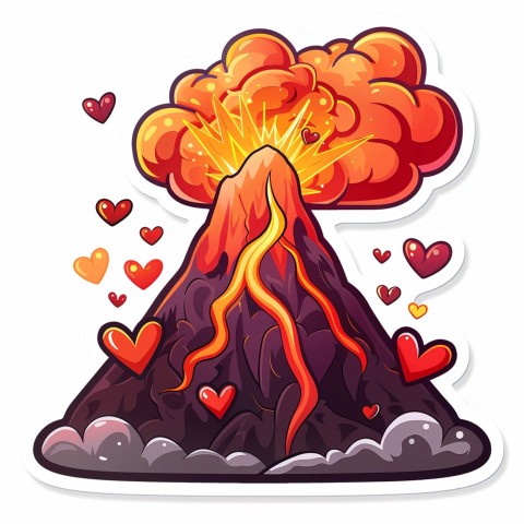 Cute Kawaii Stickers Volcano Erupting Tiny Hearts on White Background (133)