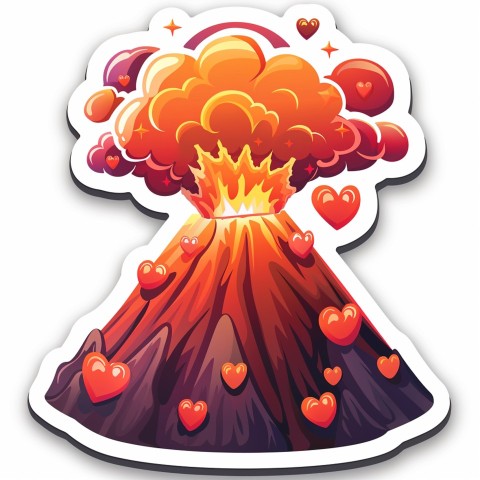 Cute Kawaii Stickers Volcano Erupting Tiny Hearts on White Background (132)