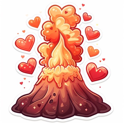 Cute Kawaii Stickers Volcano Erupting Tiny Hearts on White Background (125)