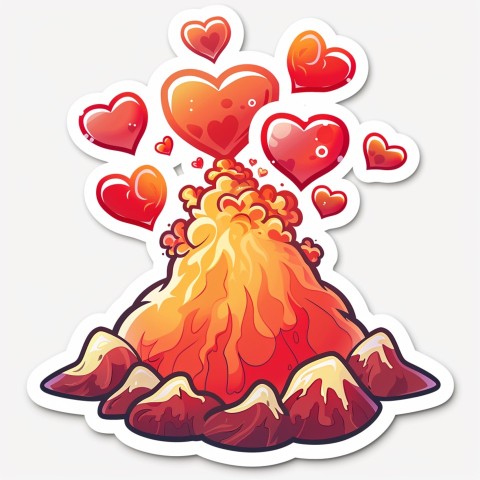 Cute Kawaii Stickers Volcano Erupting Tiny Hearts on White Background (140)