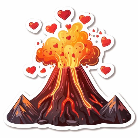 Cute Kawaii Stickers Volcano Erupting Tiny Hearts on White Background (126)