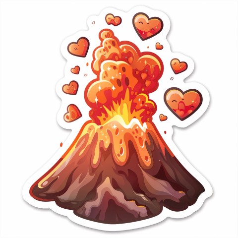 Cute Kawaii Stickers Volcano Erupting Tiny Hearts on White Background (141)