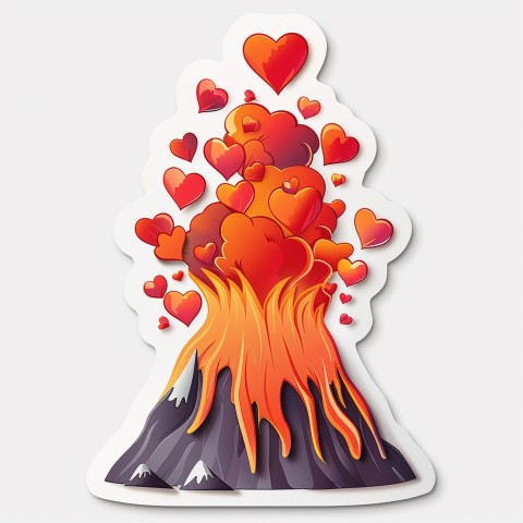 Cute Kawaii Stickers Volcano Erupting Tiny Hearts on White Background (160)